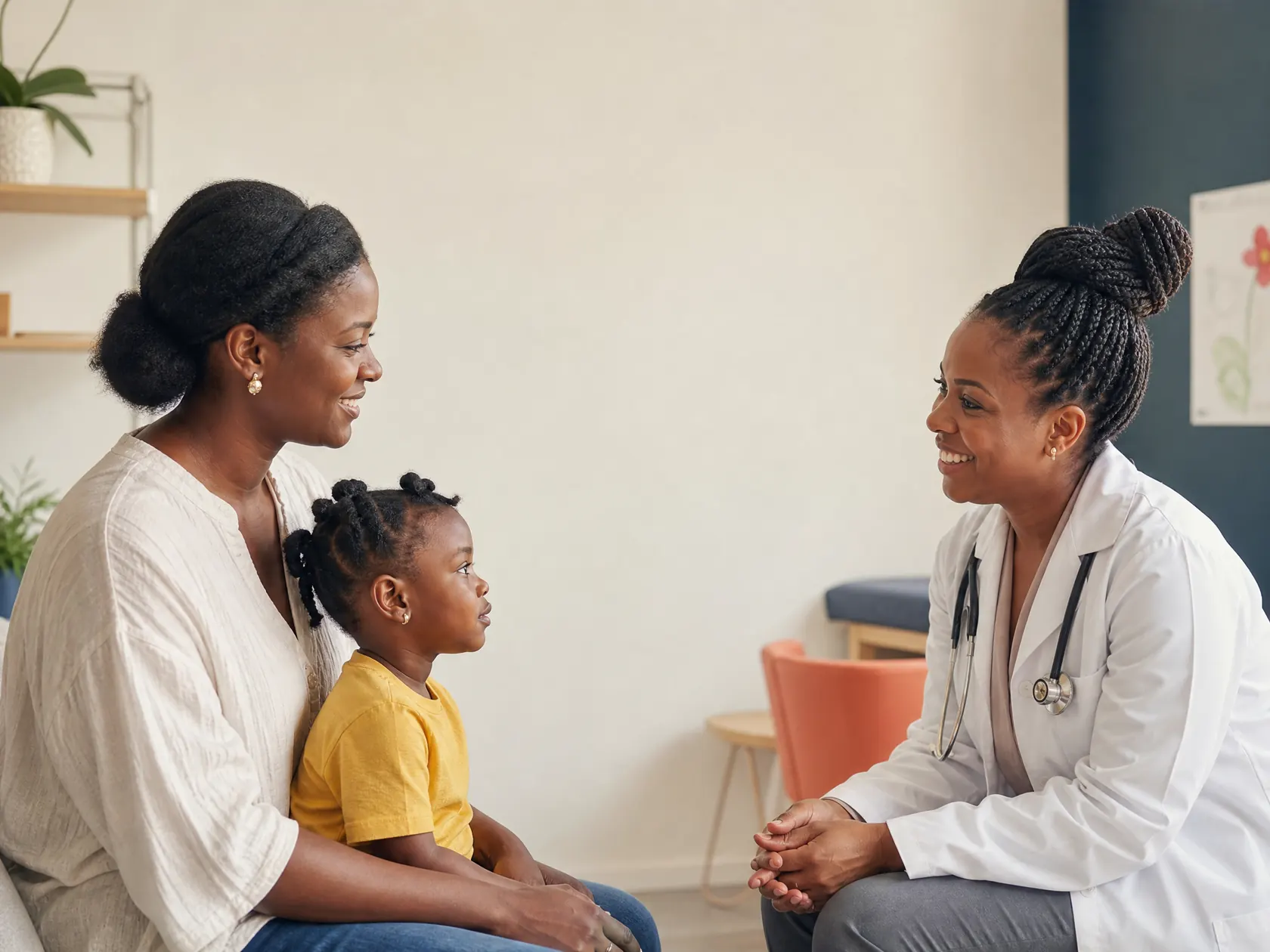 Une mère et son enfant accueillis par une médecin